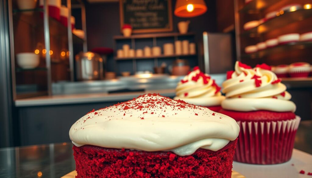 A lush, richly detailed image of classic red velvet cakes. In the foreground, a sumptuous, moist red velvet cake with a thick, creamy white frosting, adorned with a delicate dusting of cocoa powder. In the middle ground, additional red velvet cupcakes with swirling buttercream tops, some with vibrant red velvet crumbs sprinkled on top. The background features an elegant, dimly lit bakery setting with vintage-inspired shelves, stainless steel counters, and soft, warm lighting casting a cozy glow. The overall scene evokes a sense of timeless elegance and indulgence, inviting the viewer to savor the classic red velvet creations.