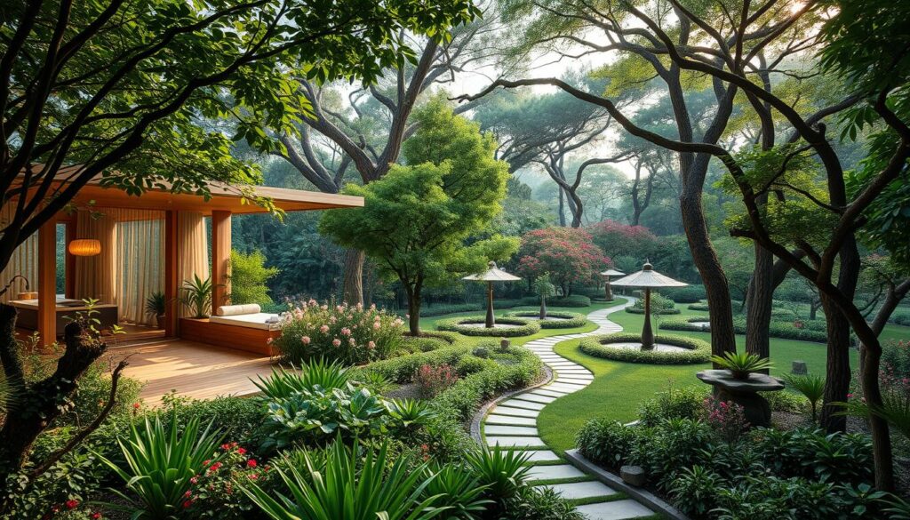 A lush, serene garden oasis with a serene, nature-immersed spa experience. The foreground features a tranquil, open-air treatment pavilion surrounded by verdant foliage and flowering plants. Soft, diffused lighting filters through the verdant canopy, creating a warm, inviting ambiance. In the middle ground, winding paths lead through meticulously landscaped gardens, dotted with serene water features and tranquil meditation areas. The background showcases the natural beauty of the surrounding environment, with towering trees, vibrant blooms, and a sense of peaceful seclusion. The overall atmosphere evokes a rejuvenating, restorative wellness retreat nestled within Singapore's urban landscape. A lush, serene garden oasis with a serene, nature-immersed spa experience. The foreground features a tranquil, open-air treatment pavilion surrounded by verdant foliage and flowering plants. Soft, diffused lighting filters through the verdant canopy, creating a warm, inviting ambiance. In the middle ground, winding paths lead through meticulously landscaped gardens, dotted with serene water features and tranquil meditation areas. The background showcases the natural beauty of the surrounding environment, with towering trees, vibrant blooms, and a sense of peaceful seclusion. The overall atmosphere evokes a rejuvenating, restorative wellness retreat nestled within Singapore's urban landscape.