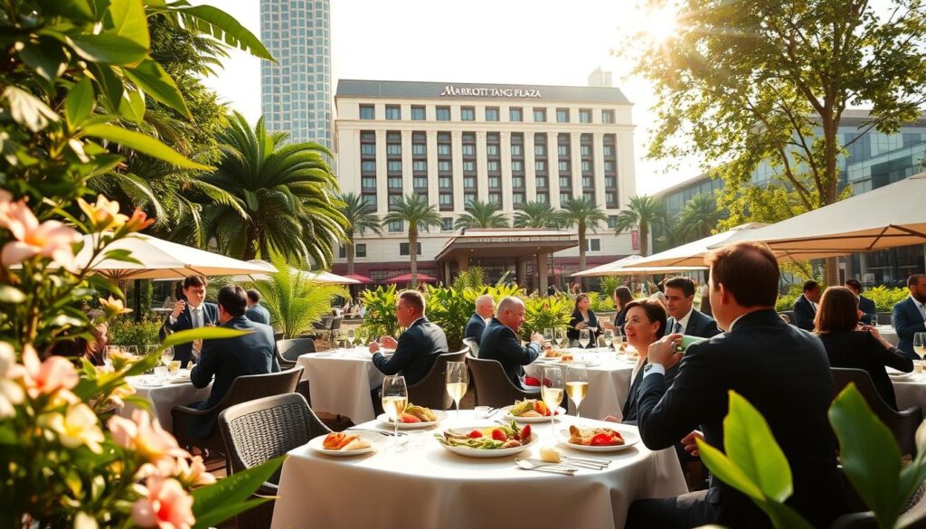 A lush, sun-drenched Sunday brunch scene at the Marriott Tang Plaza on Orchard Road. The elegant hotel's facade stands proudly in the background, its architecture a harmonious blend of modern and colonial-era styles. In the foreground, smartly dressed patrons dine alfresco, sipping mimosas and savoring a lavish buffet spread of international delicacies. Vibrant greenery and blooming flowers surround the dining area, creating a serene, garden-like ambiance. Warm, diffused lighting bathes the scene, casting a soft, inviting glow. A slight breeze ruffles the crisp white tablecloths, adding a touch of liveliness to the refined, sophisticated atmosphere.