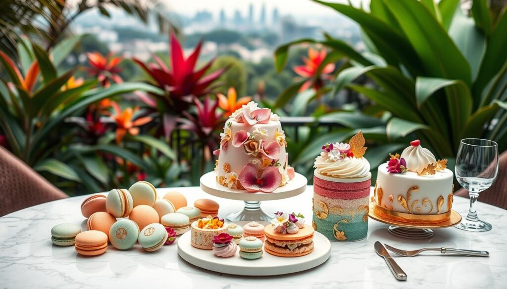 A lush, tropical garden setting with vibrant hues and soft, diffused lighting. In the foreground, an artfully arranged display of delicate, intricately decorated desserts - macarons in pastel shades, colorful meringue kisses, and perfectly sculpted cakes adorned with edible flowers and gold leaf accents. The middle ground features an elegant marble tabletop, with a minimalist yet sophisticated table setting, complete with sleek flatware and delicate glassware. In the background, a muted, blurred cityscape provides a chic urban backdrop, hinting at the cosmopolitan location. The overall mood is one of refined elegance, inviting the viewer to imagine the delightful flavors and textures of these visually stunning, Instagrammable desserts.