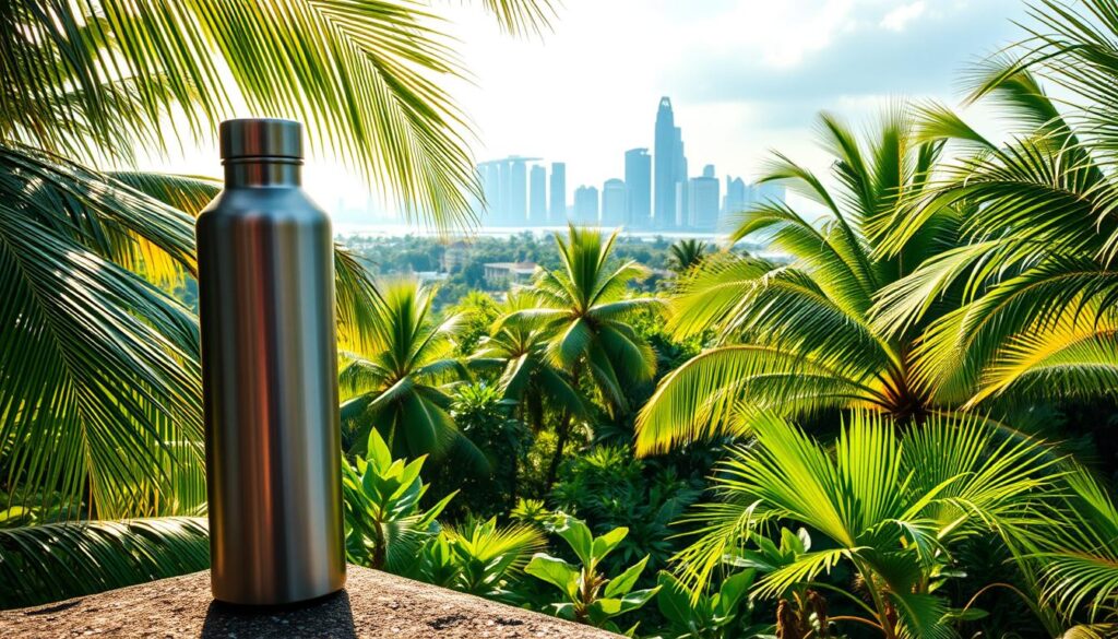 A lush tropical paradise in Singapore, where hydration solutions abound. In the foreground, a sleek and modern water bottle takes center stage, its surface gleaming under the warm, diffused sunlight filtering through swaying palm fronds. The middle ground showcases a variety of innovative hydration accessories, including insulated tumblers and collapsible water pouches, all designed to keep you refreshed in the city's balmy climate. In the background, a panoramic view of Singapore's iconic skyline rises, a testament to the city's forward-thinking approach to sustainability and wellness. The overall scene radiates a sense of calm and rejuvenation, perfectly capturing the Singapore-specific considerations for water bottles.