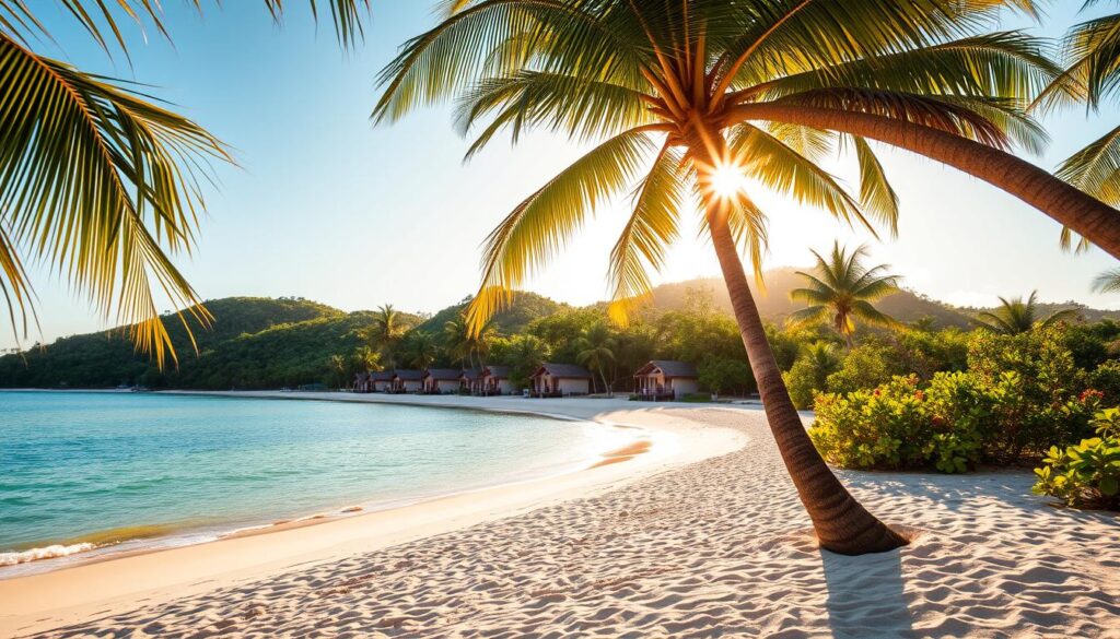 A lush, tropical paradise of pristine white-sand beaches and turquoise waters, Joyo Island Group beckons with the promise of a sun-drenched, carefree getaway. In the foreground, swaying palm trees cast dappled shadows on the tranquil shore, inviting visitors to sink their toes into the soft, warm sand. The middle ground features a collection of well-appointed, secluded bungalows with thatched roofs, nestled amidst lush, verdant foliage, offering a sense of privacy and exclusivity. In the background, rolling hills dotted with vibrant, verdant vegetation rise up, framing the idyllic scene. The gentle, golden light of the setting sun bathes the entire landscape in a warm, serene glow, creating a mesmerizing, postcard-worthy tropical oasis, perfect for a rejuvenating group getaway or a luxurious, private island retreat.
