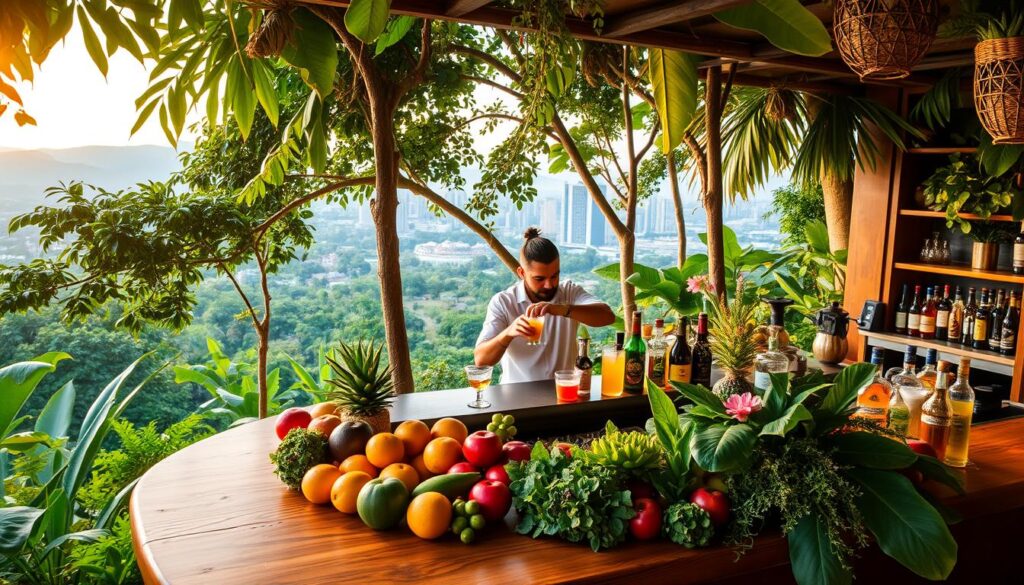 A lush, tropical setting with a wooden bar counter in the foreground, adorned with an assortment of vibrant, locally-sourced fruits, herbs, and botanicals. In the middle ground, a skilled bartender skillfully mixes cocktails, using traditional techniques and sustainable, regional ingredients. Behind them, a panoramic view of verdant greenery and a glimpse of the Singapore skyline in the distance, bathed in warm, golden lighting, creating a serene, inviting atmosphere. The overall scene conveys a sense of natural harmony, celebrating the rich, diverse flavors of Singapore's native cocktail culture.