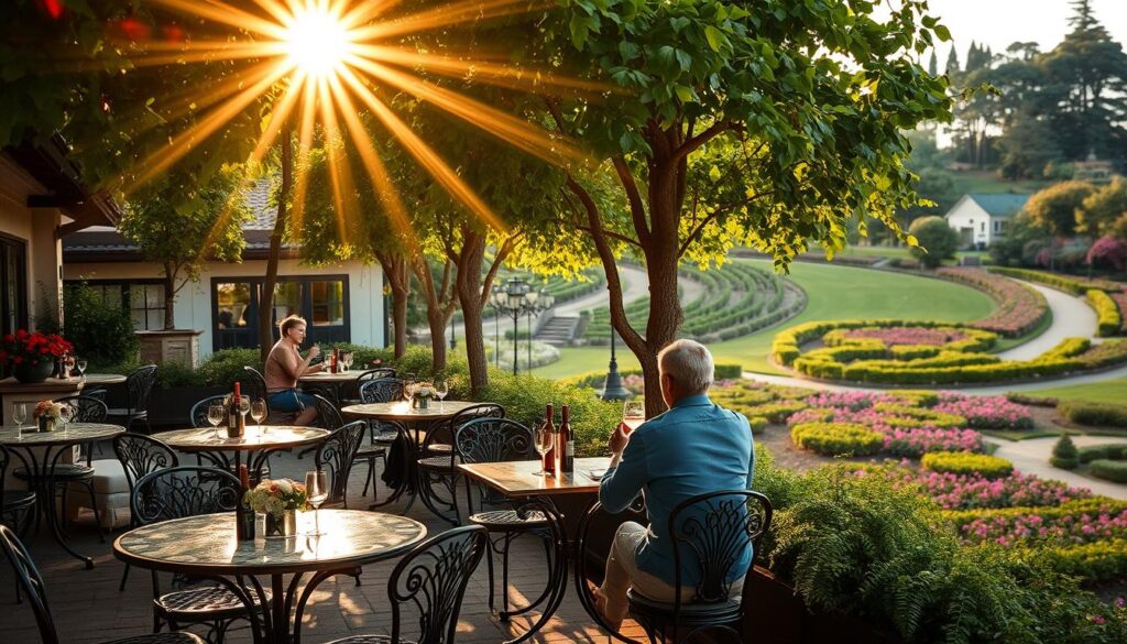 A lush, verdant French restaurant nestled in the serene gardens of HortPark. Sunlight filters through the canopy of trees, casting a warm, golden glow over the intimate outdoor dining area. Wrought-iron tables and chairs are adorned with delicate floral arrangements, evoking a romantic, al fresco ambiance. In the foreground, a couple enjoys a leisurely meal, sipping on fine wine and savoring the fresh, locally-sourced ingredients. The background features a beautifully manicured landscape, with winding paths and vibrant blooms. The overall scene exudes a sense of tranquility and refined elegance, perfectly capturing the essence of a "Vineyard: Garden-to-Table French Romance".