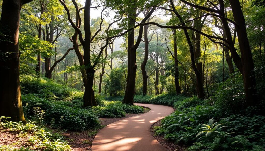 A lush, verdant hiking trail winds through the Bukit Timah Nature Reserve, leading to the summit of Singapore's highest peak. Towering trees and vibrant undergrowth frame the path, creating a serene, sun-dappled atmosphere. The trail curves gently, inviting the hiker to explore the diverse flora and fauna of this pristine natural sanctuary. Soft, diffused lighting filters through the canopy, casting a warm, golden glow over the scene. The path is well-maintained, with smooth, earthy tones underfoot, guiding the adventurer on an immersive journey through this iconic Singaporean landscape.