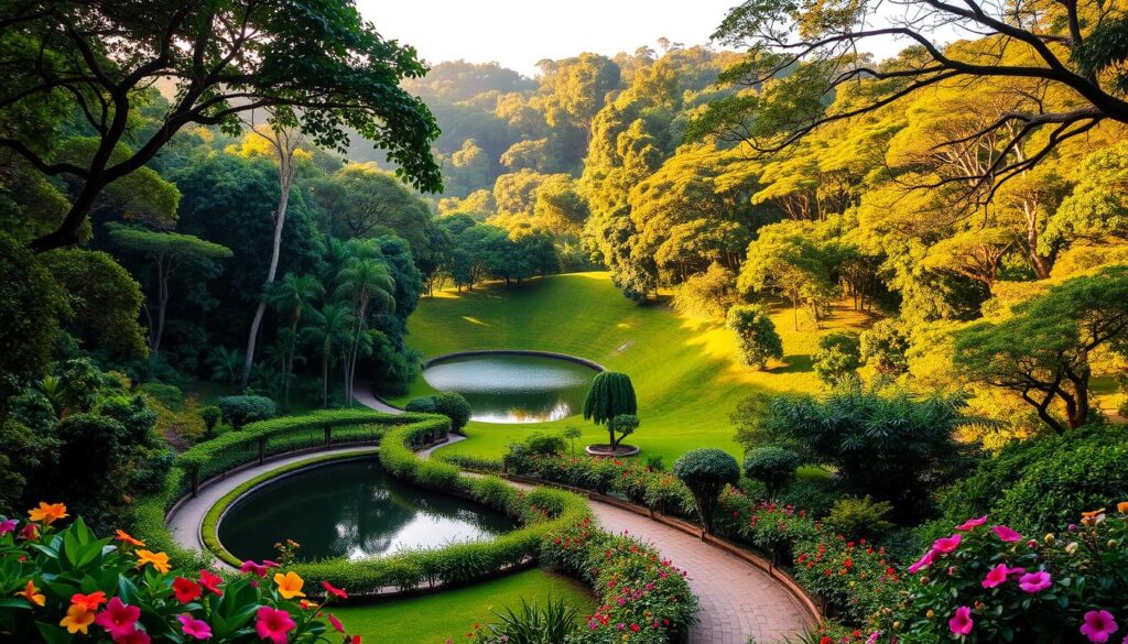 A lush, verdant oasis in the heart of Singapore, the Botanic Gardens showcase the nation's rich botanical heritage. A sweeping panorama reveals vibrant foliage cascading over gently rolling hills, bathed in warm, golden sunlight that filters through the canopy of towering trees. In the foreground, a meandering path winds through a serene lake, its tranquil surface reflecting the surrounding natural beauty. Vibrant flowers, in a spectrum of colors, dot the landscape, adding pops of vivid hues to the verdant scene. The overall atmosphere is one of tranquility and harmony, inviting visitors to immerse themselves in the restorative power of nature.