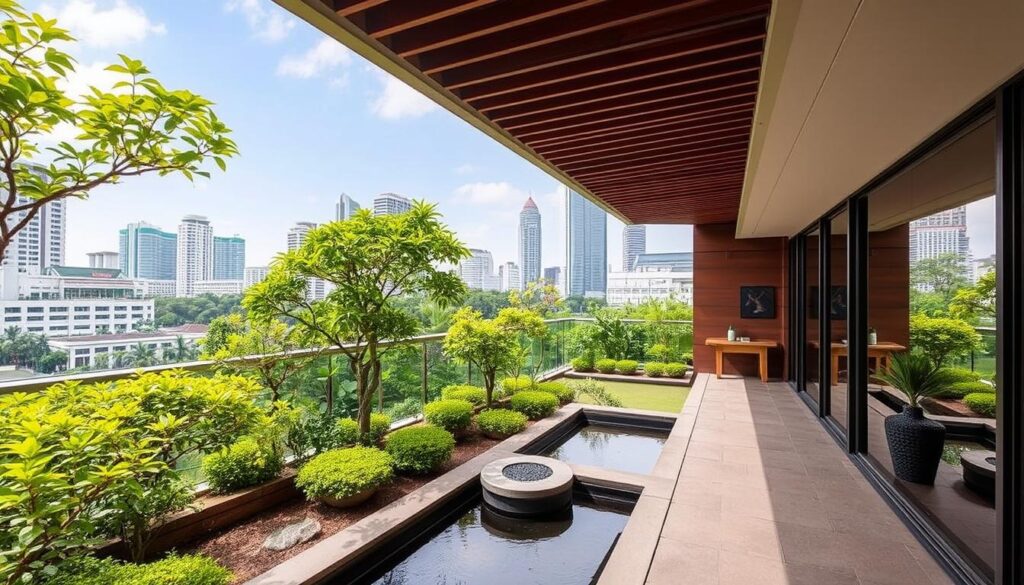 A lush, verdant oasis nestled amidst the bustling Orchard Road, the Pan Pacific Orchard wellness retreat exudes a serene, zen-like atmosphere. Capture the tranquil courtyard garden, with its calming water features and meticulously pruned greenery. Showcase the contemporary, yet nature-inspired architecture, with clean lines and large windows that allow natural light to flood the space. Depict the well-appointed wellness facilities, such as the state-of-the-art fitness center and the luxurious spa, where guests can indulge in revitalizing treatments. Convey a sense of urban rejuvenation, with the hotel seamlessly blending into the vibrant Singaporean cityscape in the background.