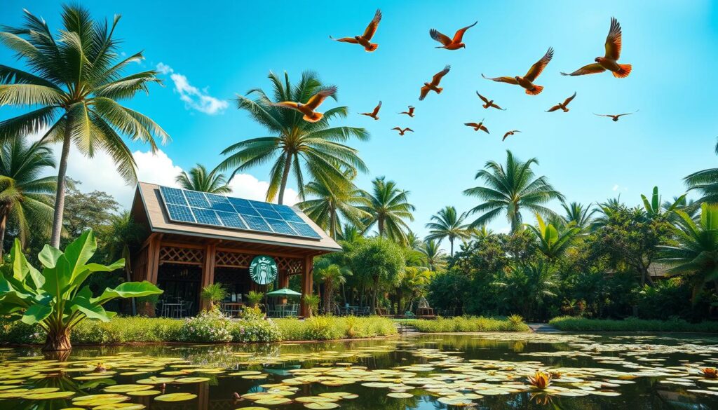 A lush, verdant oasis with a Starbucks café nestled amidst towering palm trees and vibrant tropical foliage. The café's façade features intricate wooden latticework and large windows, allowing natural light to flood the interior. Solar panels adorn the slanted roof, blending seamlessly with the eco-friendly design. In the foreground, a soothing pond with floating lily pads and a family of birds gracefully gliding across the surface. Overhead, a flock of colorful parrots soar against a brilliant azure sky, casting playful shadows on the ground below. The atmosphere exudes a serene, tranquil ambiance, inviting patrons to pause, unwind, and enjoy the harmony of nature and sustainability.