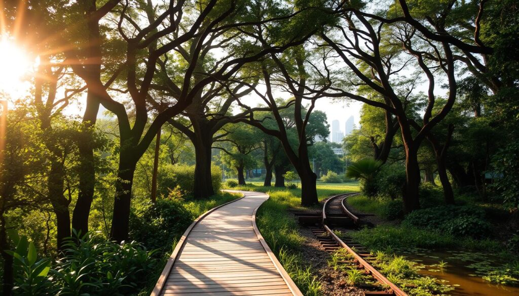 A lush, verdant path winds through the heart of Singapore, the historic Rail Corridor. Sunlight filters through the canopy of towering trees, casting a warm, golden glow over the winding trail. In the foreground, a wooden boardwalk leads hikers through a serene wetland, the gentle sound of rustling leaves and chirping birds filling the air. The middle ground reveals the remnants of the old rail tracks, a testament to the site's industrial past, now reclaimed by nature. In the distance, the silhouettes of skyscrapers and high-rises hint at the city's modern skyline, creating a captivating contrast between the urban and the natural. This tranquil oasis, a hidden gem in the heart of the bustling metropolis, beckons exploration and a moment of respite.