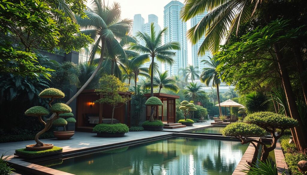 A lush, verdant urban oasis nestled along Orchard Road, Singapore's premier shopping district. The foreground showcases a tranquil, zen-inspired spa courtyard, complete with a serene reflecting pool and meticulously pruned bonsai trees. The middle ground features a hidden, secluded massage pavilion, its wooden architecture seamlessly blending with the natural surroundings. In the background, the towering glass-and-steel facades of luxury shopping malls peek through the canopy of towering palms, creating a harmonious contrast between nature and urban modernity. Warm, diffused sunlight filters through the foliage, casting a soothing, almost ethereal glow across the serene scene. The overall atmosphere is one of calm, relaxation, and pure indulgence - an urban oasis amidst the bustling city. A lush, verdant urban oasis nestled along Orchard Road, Singapore's premier shopping district. The foreground showcases a tranquil, zen-inspired spa courtyard, complete with a serene reflecting pool and meticulously pruned bonsai trees. The middle ground features a hidden, secluded massage pavilion, its wooden architecture seamlessly blending with the natural surroundings. In the background, the towering glass-and-steel facades of luxury shopping malls peek through the canopy of towering palms, creating a harmonious contrast between nature and urban modernity. Warm, diffused sunlight filters through the foliage, casting a soothing, almost ethereal glow across the serene scene. The overall atmosphere is one of calm, relaxation, and pure indulgence - an urban oasis amidst the bustling city.