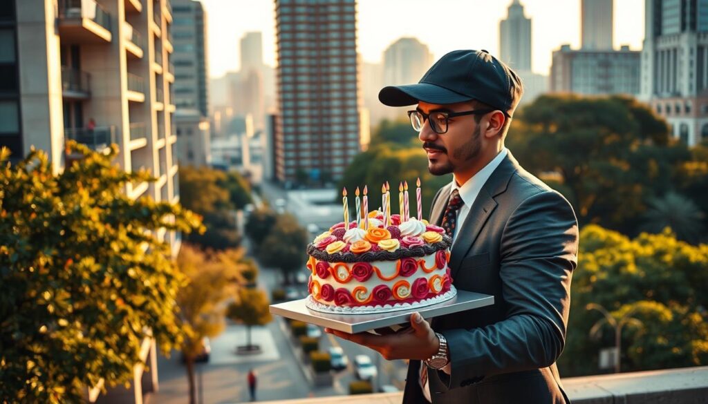 A lush, vibrant cake delivery scene in a bustling city setting. In the foreground, a stylishly dressed delivery person carefully carries a beautifully decorated birthday cake, its intricate design and vibrant colors capturing the eye. The middle ground reveals a modern, well-appointed apartment building, its clean lines and large windows suggesting an upscale, professional environment. In the background, a cityscape of high-rise buildings and lush greenery, bathed in warm, golden afternoon light, creates a sense of urban sophistication. The overall mood is one of efficiency, attention to detail, and the celebration of a special occasion.