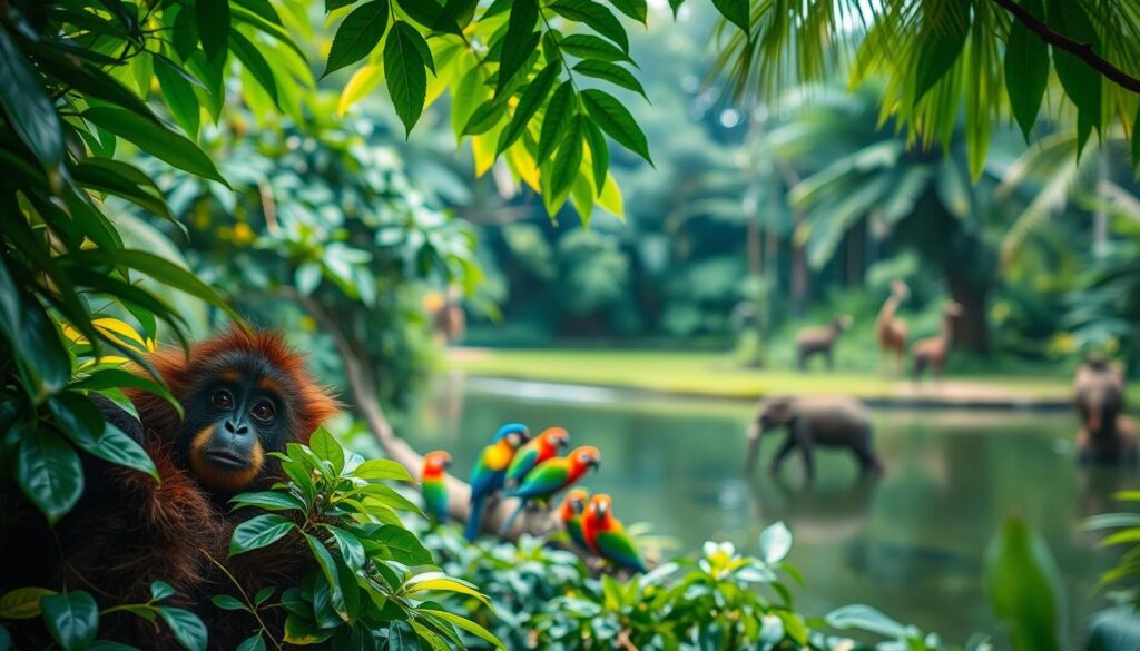 A lush, vibrant scene at Singapore Zoo, showcasing the diverse wildlife inhabitants. In the foreground, a curious orangutan peers out from a nest of lush foliage, its expressive gaze drawing the viewer in. The middle ground features a group of colorful birds, their plumage shimmering in the soft, diffused lighting that filters through the canopy above. In the background, a serene lake reflects the tropical greenery, with the silhouettes of other animals, such as elephants and giraffes, visible in the distance. The overall atmosphere evokes a sense of wonder and immersion in the natural world, capturing the essence of the Singapore Zoo wildlife experience.