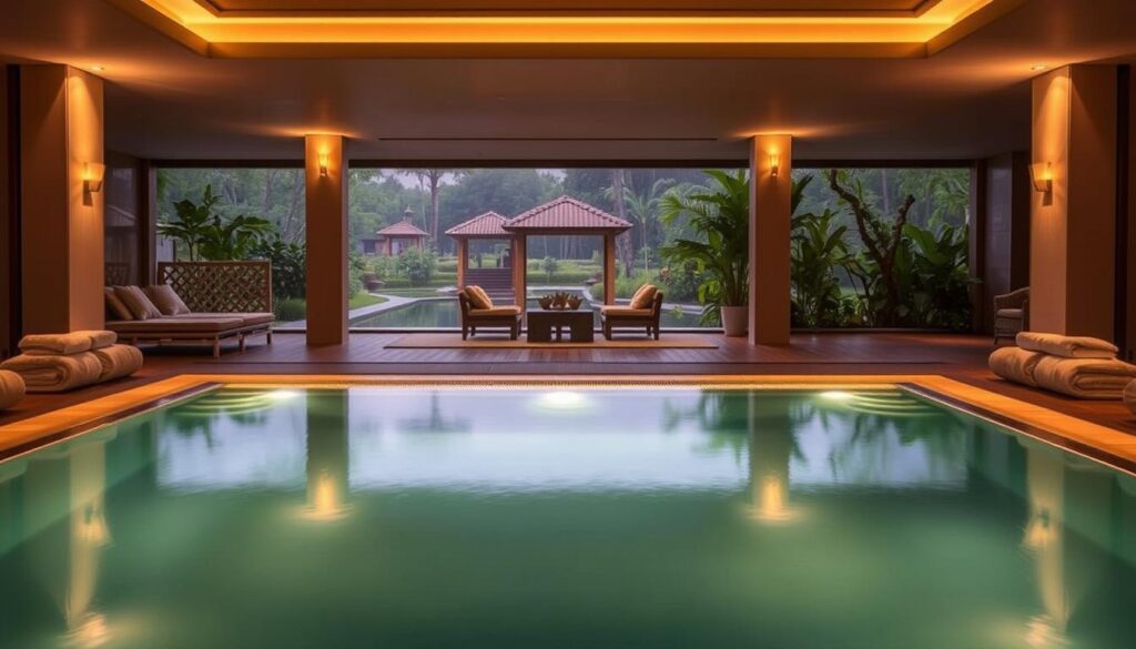 A luxurious 24-hour spa experience at a tranquil oasis, bathed in warm, ambient lighting. In the foreground, a serene indoor pool with a smooth, reflective surface and plush towels lining the edges. In the middle ground, a cozy relaxation lounge with plush, oversized chairs and a soothing waterfall feature. The background reveals a serene garden landscape with lush greenery, a calming koi pond, and the faint silhouettes of massage pavilions. The overall atmosphere conveys a sense of total relaxation and rejuvenation, perfect for an indulgent spa day.