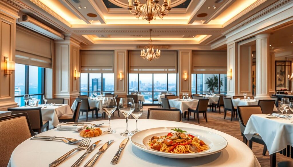 A luxurious Michelin-starred Italian restaurant in Singapore, with a sophisticated and elegant interior. The dining room features high ceilings, warm lighting, and intricate architectural details, creating a refined and inviting ambiance. In the foreground, a white-clothed table is set with gleaming silverware and crystal glassware, while the middle ground showcases impeccably presented Italian dishes, such as handmade pasta and expertly plated seafood. The background depicts a panoramic view of the bustling city skyline, hinting at the restaurant's prestigious location. The overall atmosphere exudes a sense of culinary excellence, exceptional service, and an appreciation for fine Italian dining.