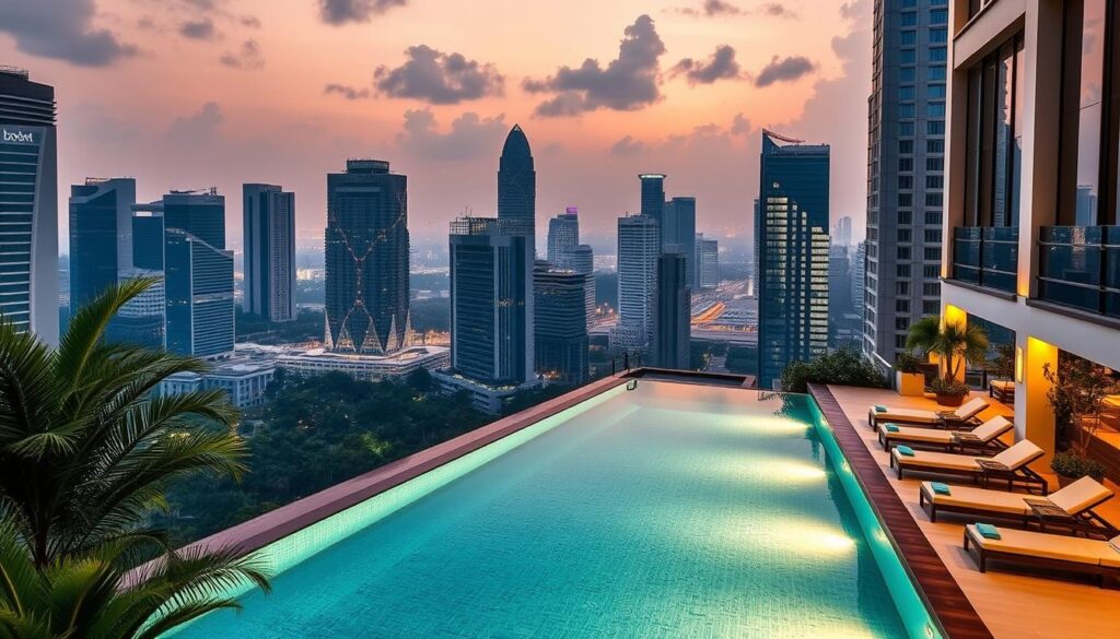A luxurious Singapore rooftop pool, surrounded by towering skyscrapers and a panoramic view of the city skyline. The pool's crystalline waters reflect the vibrant lights and modern architecture, creating a serene oasis amid the bustling metropolis. Lush greenery and plush lounge chairs line the pool deck, inviting guests to bask in the tropical ambiance. Warm, golden lighting casts a soft glow, heightening the intimate, boutique atmosphere. Sleek, contemporary design elements blend seamlessly with the natural landscape, offering a truly exceptional and visually striking hotel experience.