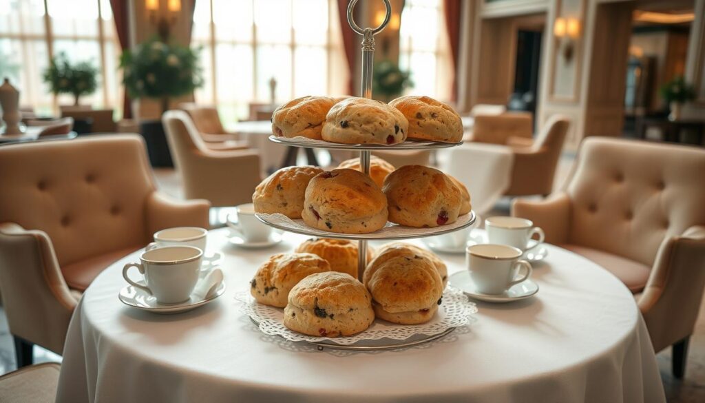 A luxurious afternoon tea setting in a grand hotel lobby. On a pristine white tablecloth, a tiered stand holds an assortment of freshly baked scones, still warm from the oven. The scones are perfectly golden-brown, flecked with aromatic herbs and dotted with juicy berries. Delicate lace doilies and fine porcelain teacups surround the scones, hinting at an elegant, refined atmosphere. Soft natural light filters in through tall windows, casting a warm glow over the scene. The plush, velvet-upholstered chairs and marble floors evoke a sense of timeless sophistication. This is a quintessential Singaporean afternoon tea experience, where the best scones in the city are savored in a setting of pure indulgence.
