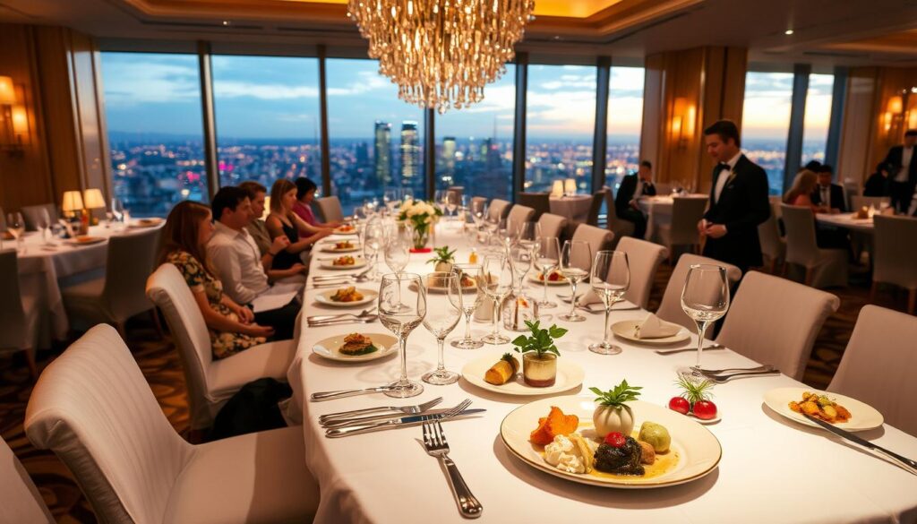 A luxurious birthday dining experience in a grand, well-lit restaurant. An elegant table setting with crisp white linens, sparkling crystal glassware, and silver cutlery. Delicate floral centerpieces, candles casting a warm glow, and a panoramic view of a vibrant city skyline through floor-to-ceiling windows. In the foreground, a beautifully plated, multi-course meal, each dish a masterpiece of culinary artistry. Servers in crisp uniforms attend to the guests, ensuring an unforgettable evening of exceptional service and fine dining. The overall atmosphere exudes sophistication, celebration, and an indulgent sense of occasion.