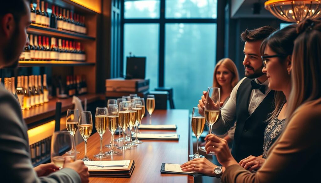 A luxurious champagne masterclass setting, with a high-end bar showcasing an array of exquisite champagne bottles and flutes against a backdrop of warm, golden lighting. Leather-bound tasting menus and elegant stemware adorn the wooden bar top, evoking a sense of refined sophistication. Soft, diffused light filters through large windows, casting a gentle glow on the scene. In the foreground, a sommelier guides guests through a tasting, their faces alight with curiosity and delight as they swirl and sip the bubbly elixir. The overall atmosphere is one of exclusivity, indulgence, and a deep appreciation for the art of champagne appreciation.