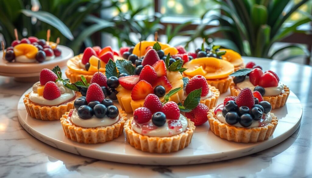 A luxurious display of intricate pastry creations, adorned with vibrant fresh fruits. A visually stunning centerpiece, captured in a soft, diffused lighting that highlights the delicate textures and glossy glazes. The desserts are artfully arranged on a polished marble surface, framed by lush greenery and a warm, inviting atmosphere. The scene evokes a sense of indulgence and sophistication, perfectly suited to showcase the best fruit tarts Singapore has to offer.