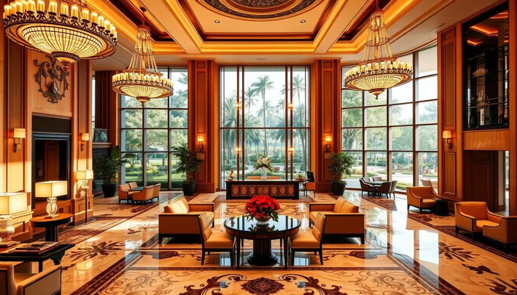 A luxurious five-star hotel lobby, bathed in warm, golden lighting from grand chandeliers overhead. Plush, inviting seating arrangements in the foreground, with ornate marble floors leading to a concierge desk in the middle ground. The background showcases floor-to-ceiling windows overlooking a lush, manicured garden, hinting at the expansive outdoor amenities. Tasteful, high-end decor and furnishings evoke a sense of refined sophistication. The overall atmosphere exudes a feeling of indulgence and exceptional service, setting the stage for an unforgettable hotel experience.