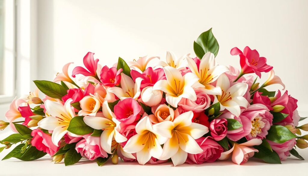 A luxurious floral arrangement with exotic blooms in a pristine, light-filled studio. Vibrant, lush gardenias, peonies, and lilies cascade elegantly across the frame, their petals softly illuminated by warm, diffused lighting. The flowers are meticulously arranged in a striking, asymmetric composition, evoking a sense of artful, effortless beauty. The background is a clean, minimalist backdrop, allowing the flowers to take center stage. The overall mood is one of refined elegance and international sophistication, capturing the essence of luxury floral design. A luxurious floral arrangement with exotic blooms in a pristine, light-filled studio. Vibrant, lush gardenias, peonies, and lilies cascade elegantly across the frame, their petals softly illuminated by warm, diffused lighting. The flowers are meticulously arranged in a striking, asymmetric composition, evoking a sense of artful, effortless beauty. The background is a clean, minimalist backdrop, allowing the flowers to take center stage. The overall mood is one of refined elegance and international sophistication, capturing the essence of luxury floral design.