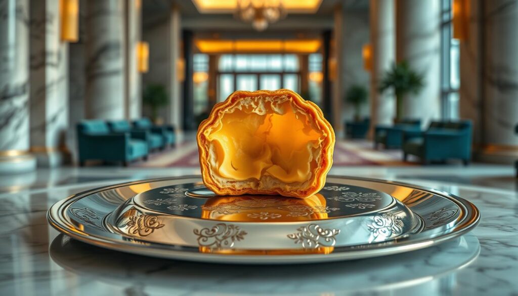 A luxurious golden-hued durian mooncake set against a backdrop of a grand hotel lobby. The mooncake rests atop a gleaming silver platter, with intricate durian-themed patterns etched into its shiny surface. Soft, warm lighting casts a gentle glow, highlighting the rich, creamy hue of the mooncake's interior as it peeks out from its delicate pastry shell. Elegant marble columns and plush velvet furnishings surround the scene, creating a sophisticated and indulgent atmosphere. The composition emphasizes the mooncake's luxurious presentation, inviting the viewer to imagine the decadent flavors and textures within.