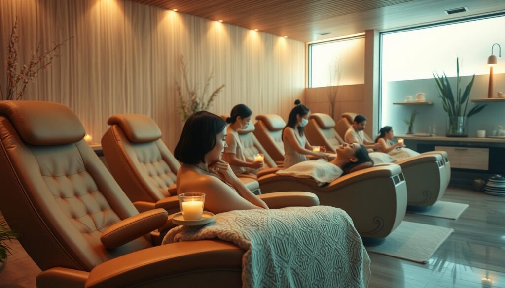 A luxurious hair spa nestled in a tranquil oasis, featuring plush leather massage chairs and the gentle scent of essential oils. Soft lighting casts a warm glow, creating an atmosphere of pure relaxation. Skilled therapists carefully tend to each strand, using the finest botanical-infused products to nourish and revitalize the hair. Clients recline, sipping herbal tea, as they indulge in a pampering scalp massage and deeply hydrating treatment. In the background, a minimalist decor of natural wood and soothing neutral tones complements the serene ambiance, transporting the viewer to a haven of rejuvenation and self-care.