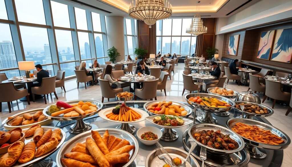 A luxurious hotel breakfast buffet in Singapore, set in a bright, elegant dining room with floor-to-ceiling windows offering panoramic views of the city skyline. In the foreground, an abundant spread of gourmet dishes, from freshly baked pastries and artisanal breads to sizzling hot dishes, beautifully presented on gleaming silver platters. The middle ground features guests leisurely enjoying their meals, surrounded by polished marble floors, plush seating, and impeccably set tables. The background showcases the hotel's refined decor, with subtle lighting, ornate chandeliers, and carefully curated artwork adorning the walls, creating an atmosphere of refined sophistication and indulgence.