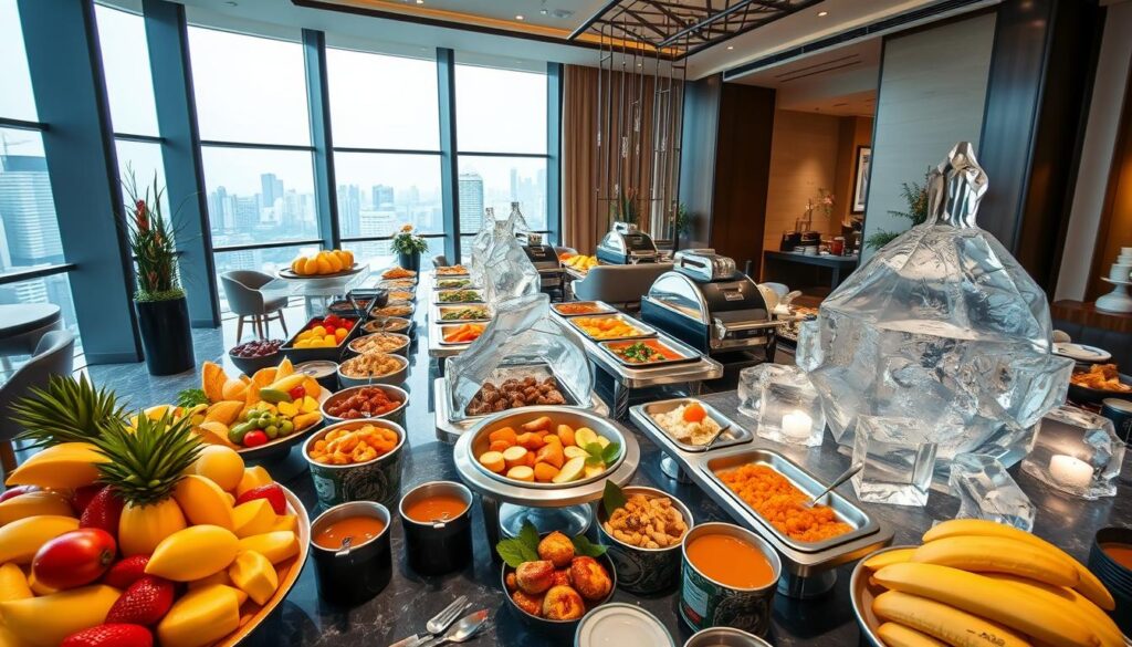 A luxurious hotel breakfast setting in Singapore, captured with a wide-angle lens to showcase the unique and visually striking features. In the foreground, an elaborate display of colorful tropical fruits, freshly baked pastries, and artisanal jams. In the middle ground, an array of international hot dishes, sizzling on sleek chafing dishes, surrounded by intricate carved ice sculptures. The background reveals floor-to-ceiling windows, providing a panoramic view of the city skyline, with soft natural light filtering in. The overall atmosphere is one of indulgence, sophistication, and a celebration of Singapore's vibrant culinary heritage.