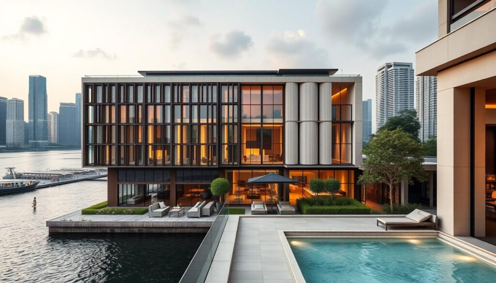 A luxurious hotel facade with a contemporary democratic design, situated along the picturesque Singapore riverfront. The building features floor-to-ceiling windows that allow natural light to flood the interior spaces. In the foreground, a stylish outdoor terrace overlooks the tranquil waters of the river, inviting guests to relax and soak in the serene atmosphere. The middle ground showcases the hotel's minimalist yet elegant architectural elements, with clean lines and a harmonious color palette of warm neutrals and natural materials. In the background, the vibrant city skyline provides a dynamic contrast, creating a harmonious blend of urban sophistication and calming riverside ambiance. Soft, diffused lighting casts a warm glow, enhancing the hotel's inviting and welcoming ambiance.