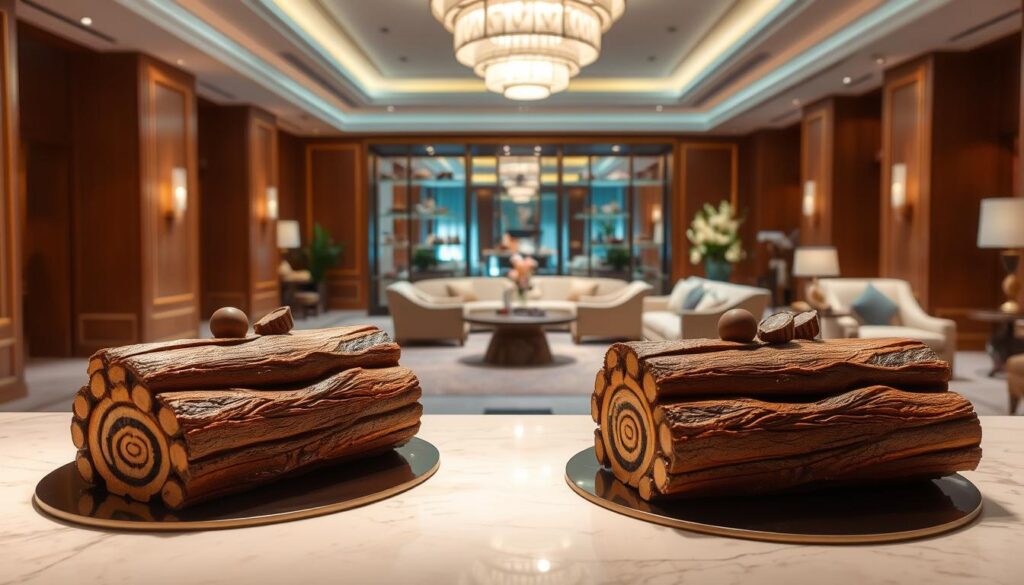 A luxurious hotel interior with a warm, inviting ambiance. In the foreground, a display of exquisite log cakes adorns a marble countertop, their intricate designs and rich, decadent textures catching the eye. Soft, diffused lighting casts a gentle glow, highlighting the cakes' natural wood patterns and delicate chocolate accents. In the middle ground, elegant shelving showcases an array of additional desserts, each a masterpiece of culinary craftsmanship. The background features a plush seating area, its opulent furnishings and floor-to-ceiling windows creating a sense of refined sophistication. The overall scene evokes a high-end hotel lobby, where guests can indulge in the finest gastronomic delights.
