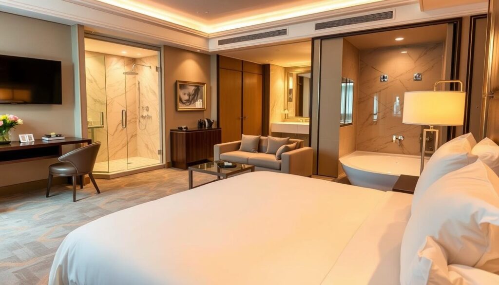 A luxurious hotel suite, bathed in warm, golden lighting. In the foreground, a plush king-size bed with crisp, white linens and an array of fluffy pillows. On the nightstands, a glass of chilled water and a vase of fresh flowers. In the middle ground, a well-appointed sitting area with a comfortable sofa and armchair, a sleek coffee table, and a flat-screen TV mounted on the wall. The background reveals a spacious bathroom with a gleaming, marble-tiled shower, a deep soaking tub, and an array of high-end toiletries. The overall atmosphere exudes a sense of tranquility, comfort, and indulgence, creating an inviting and rejuvenating hotel stay experience.