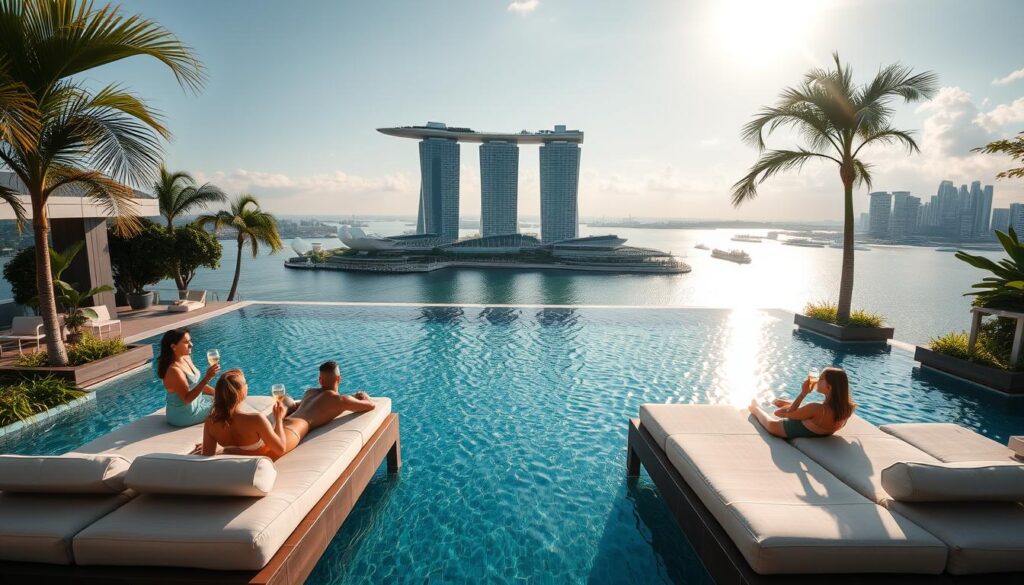 A luxurious infinity pool overlooks the sparkling waters of the Singapore Strait, surrounded by lush tropical foliage and modern architectural elements. Guests lounge on plush daybeds, sipping refreshing cocktails as the sun casts a warm glow across the scene. In the distance, a palatial resort complex rises, its sleek glass and steel façade reflecting the shimmering cityscape. Discreet staff attend to every need, ensuring a seamless and indulgent experience for discerning travelers seeking the ultimate in sophisticated relaxation.