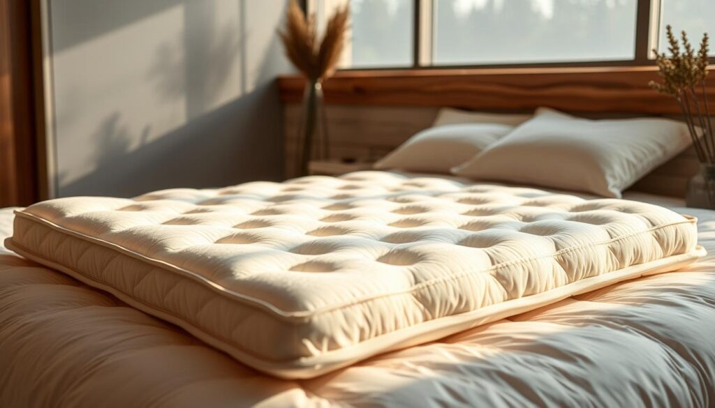 A luxurious king-size mattress topper rests on a plush, ivory-colored duvet, illuminated by soft, warm lighting. The topper's surface is a velvety, cloud-like texture, inviting touch and promising unparalleled comfort. Subtle embroidered patterns add a touch of elegance, while the edges are neatly tailored for a refined appearance. In the background, a serene, minimalist bedroom scene with muted tones and natural wood accents creates a tranquil, spa-like ambiance, perfect for a restful night's sleep. The composition emphasizes the topper's sumptuous comfort and premium quality, drawing the viewer's attention to the ultimate sleep experience.