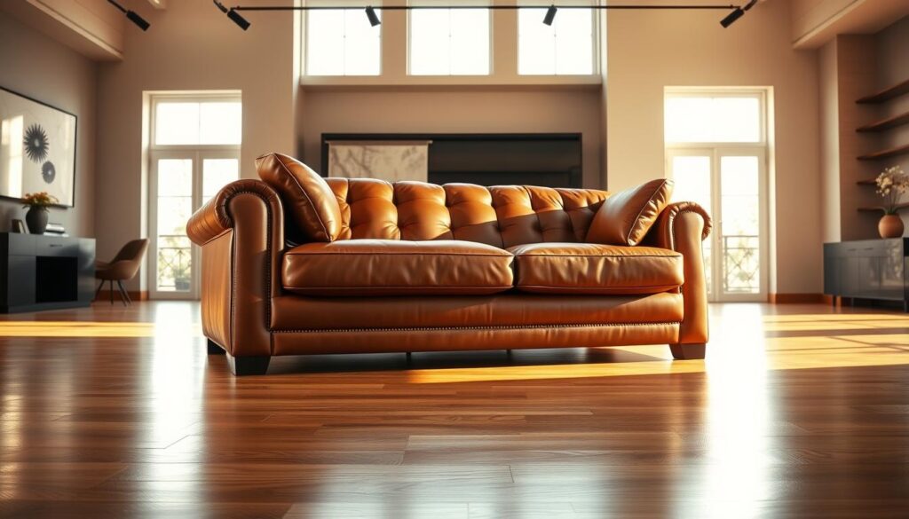 A luxurious leather sofa in a high-end showroom, illuminated by warm, natural lighting from large windows. The sofa is showcased on a polished hardwood floor, with a minimalist, modern backdrop of sleek walls and subtle decor. The leather has a rich, supple texture, accentuated by precise stitching and soft, plush cushions. Angle the camera to capture the elegant lines and curves of the sofa, emphasizing its premium quality and attention to detail. Convey a sense of sophistication, comfort, and exclusivity, inviting the viewer to imagine themselves relaxing in this inviting space.