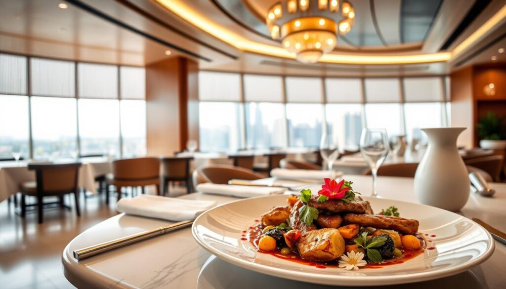 A luxurious modern Indian restaurant with an elegant dining room, featuring sleek wood and marble surfaces, warm lighting, and a large panoramic window showcasing the lively city skyline. In the foreground, a meticulously plated dish of aromatic spices, tender meat, and vibrant vegetables, accompanied by delicate floral garnishes. The table is set with a modern, minimalist aesthetic, with crisp white linens, gleaming silverware, and a stylish ceramic water jug. The overall atmosphere is one of refined sophistication and bold, tantalizing flavors that transport the diner to the heart of contemporary Indian cuisine.