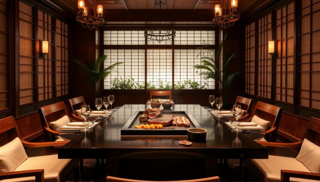 A luxurious private dining room with a warm, intimate ambiance. Soft lighting from wrought-iron chandeliers casts a gentle glow over the handcrafted wooden furniture. In the center, a sleek, polished table is set with pristine white linens and elegant stemware. A carefully curated selection of premium wagyu beef sizzles on a state-of-the-art tabletop grill, its succulent marbling glistening under the flickering flames. Artfully presented sides and accompaniments, like perfectly steamed rice and crisp, pickled vegetables, complete the refined Japanese dining experience. The room is framed by traditional shoji screens and lush, verdant foliage, evoking a sense of refined elegance and tranquility.