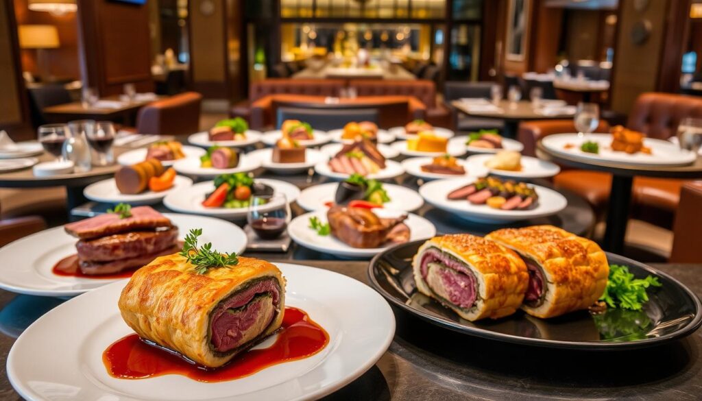 A luxurious restaurant interior showcasing an assortment of succulent beef wellington dishes. The foreground features a beautifully plated beef wellington with a golden, flaky crust, garnished with fresh herbs and a rich demi-glace sauce. In the middle ground, a display of various beef wellington preparations, each one crafted with precision and presented on elegant white plates. The background depicts a sophisticated dining space with warm lighting, plush leather seating, and wood-paneled walls, creating an inviting and upscale atmosphere. The overall scene conveys the pinnacle of culinary excellence, enticing the viewer to experience the best beef wellington Singapore has to offer.
