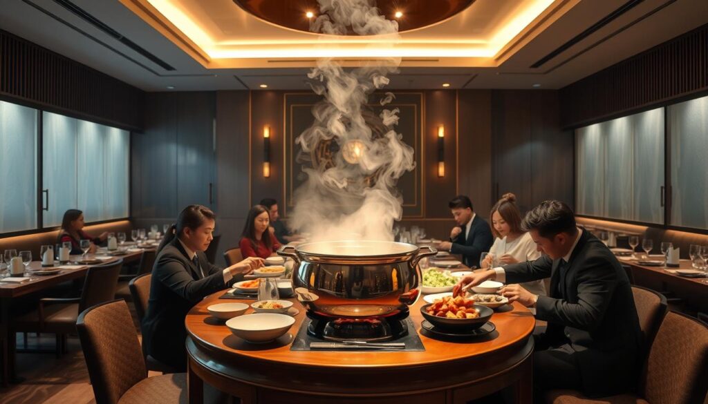 A luxurious shabu shabu dining experience unfolds in an elegant, dimly-lit restaurant. At the center, a gleaming copper pot sits atop a polished wooden table, steam wafting invitingly. Diners gather around, slicing fresh, high-quality meats and vegetables, gently swishing them through the simmering broth. Soft lighting casts a warm glow, highlighting the rich, marbled textures of the premium ingredients. Sleek, modern decor and attentive, impeccably dressed staff create an atmosphere of refined sophistication. The air is filled with the savory aromas of simmering broth and sizzling meat, whetting the appetite. This is a dining experience that elevates the simple pleasures of shabu shabu into a truly premium culinary journey.