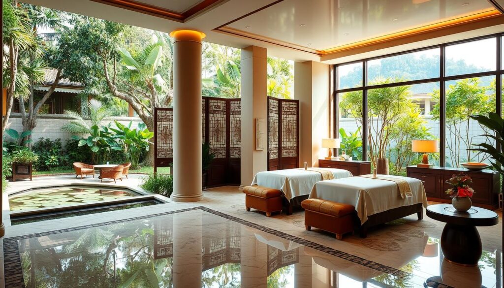 A luxurious spa at the Mandarin Oriental hotel, set in a serene garden oasis with lush foliage and a tranquil water feature. The interior features elegant design elements like polished marble floors, ornate wooden screens, and plush lounge areas. Soft lighting casts a warm, inviting glow, while large windows offer panoramic views of the surrounding landscape. Skilled massage therapists provide world-class treatments in private, well-appointed treatment rooms. The overall atmosphere exudes a sense of refined opulence and pampering that one would expect from a Forbes Five-Star luxury spa. A luxurious spa at the Mandarin Oriental hotel, set in a serene garden oasis with lush foliage and a tranquil water feature. The interior features elegant design elements like polished marble floors, ornate wooden screens, and plush lounge areas. Soft lighting casts a warm, inviting glow, while large windows offer panoramic views of the surrounding landscape. Skilled massage therapists provide world-class treatments in private, well-appointed treatment rooms. The overall atmosphere exudes a sense of refined opulence and pampering that one would expect from a Forbes Five-Star luxury spa.