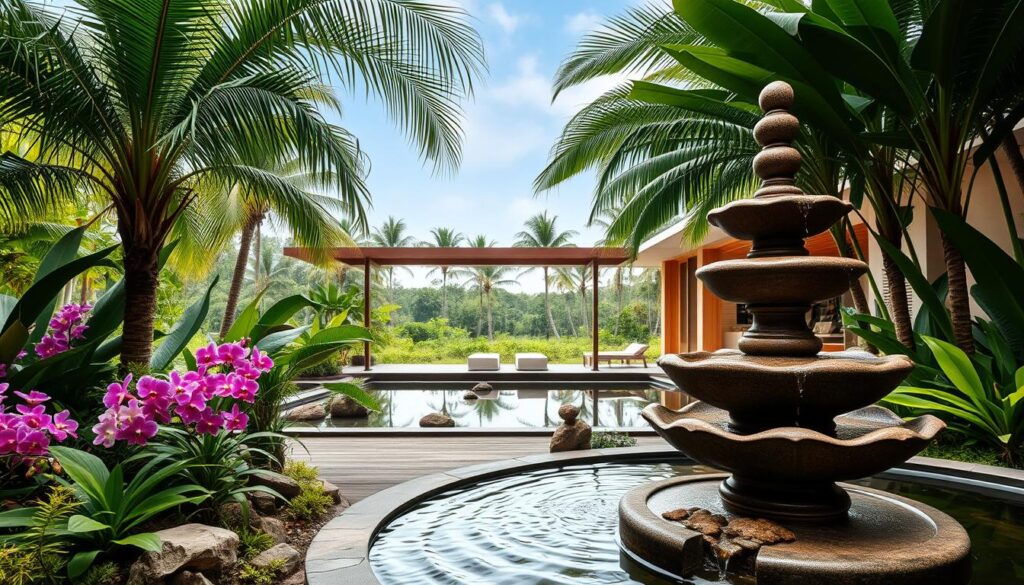 A luxurious spa set in a serene, lush tropical garden in Singapore. The foreground features an elegant stone water fountain surrounded by vibrant orchids and ferns. The middle ground showcases a tranquil spa pavilion with high ceilings, natural wood accents, and large windows overlooking a serene koi pond. The background depicts a verdant landscape of swaying palm trees and a clear blue sky, creating a calming, spa-like ambiance. Soft, diffused lighting illuminates the scene, adding to the sense of relaxation and rejuvenation. Shot with a wide-angle lens to capture the full scope of the luxury spa experience.