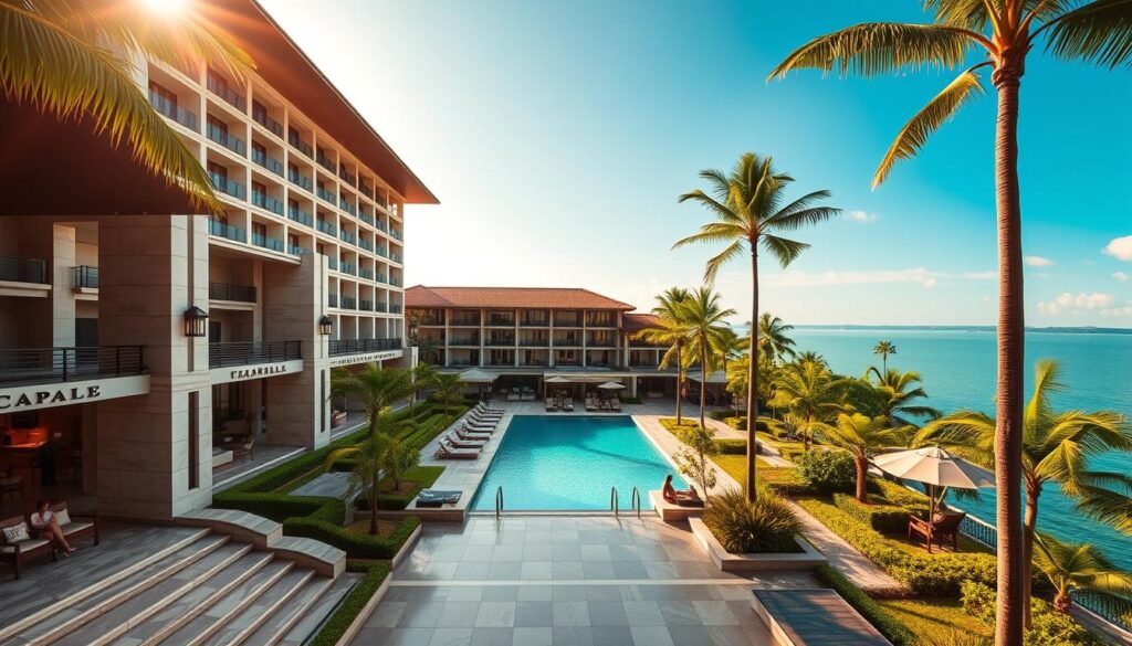 A luxurious, sprawling 5-star hotel nestled on the lush, tropical island of Sentosa, Singapore. The Capella Singapore, bathed in warm, golden sunlight, stands tall amidst manicured gardens and swaying palm trees. Its contemporary, Balinese-inspired architecture blends seamlessly with the natural surroundings, exuding a serene, resort-like ambiance. The hotel's grand, marble-clad entrance leads to an inviting, airy lobby with high ceilings and elegant furnishings. Guests can be seen relaxing by the infinity pool, overlooking the sparkling waters of the South China Sea. The image captures the essence of opulence, tranquility, and impeccable service that define this Forbes-rated, top-tier hotel in Singapore.