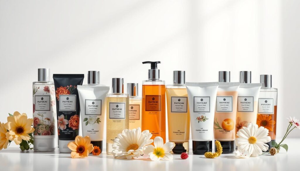 A luxurious still life showcasing an array of hand cream bottles, their fragrance profiles artfully displayed. The foreground features an assortment of creams in a variety of scents, from floral and fruity to warm and woodsy. The middle ground highlights the bottles in soft, diffused light, capturing the nuances of their elegant packaging. The background is a minimalist, neutral backdrop that allows the products to take center stage. The overall composition conveys a sense of tranquility and sophistication, inviting the viewer to explore the different fragrance experiences offered by these premium hand creams.