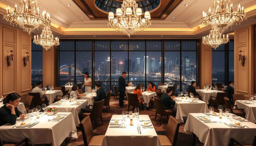 A luxurious three-Michelin-star dining establishment in Singapore, the epitome of gastronomic excellence. A grand, chandelier-lit dining room with crisp white tablecloths and elegant place settings, a team of impeccably attired waitstaff moving with graceful precision. Diners seated at intimate tables, savoring exquisitely plated dishes that marry the finest local ingredients with innovative culinary techniques, each course a masterful work of art. The soft glow of candlelight and the gentle murmur of conversation create an atmosphere of refined sophistication and indulgence. A panoramic view of the glittering Singapore skyline frames the scene, a testament to the city's status as a global culinary capital.