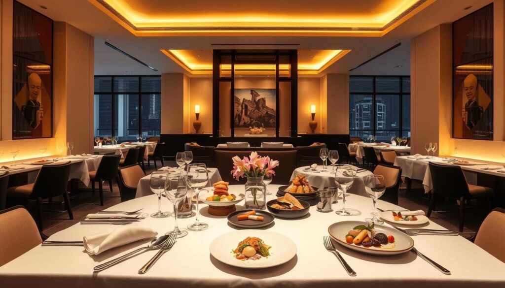 A luxurious two-Michelin-star restaurant in Singapore, illuminated by warm, golden lighting that casts a cozy glow over the sophisticated, minimalist interior. The focal point is a table set with impeccable, pristine white linens, exquisite tableware, and an artfully arranged array of gourmet dishes, each a masterpiece of culinary creativity. The scene evokes a sense of refined elegance, where diners can savor an exceptional gastronomic experience amidst a serene, elegant atmosphere.