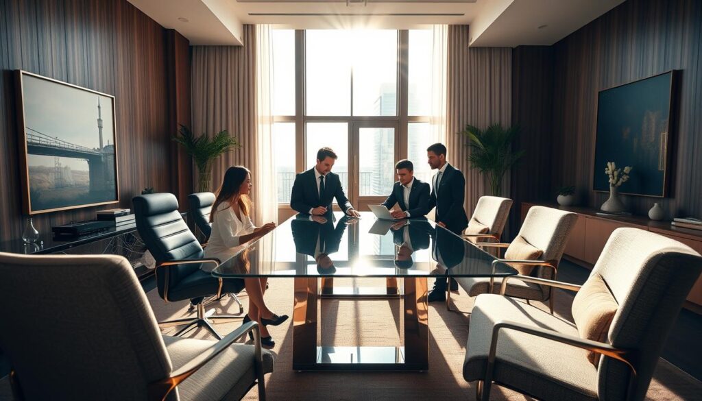 A luxurious, well-appointed interior design studio, featuring a team of meticulously dressed specialists collaborating at a sleek, glass-topped conference table. Sunlight streams through floor-to-ceiling windows, casting a warm glow over the rich, textured fabrics and polished wood accents. Tasteful modern art adorns the walls, complementing the sophisticated color palette. Ergonomic chairs and state-of-the-art technology suggest a professional, high-end atmosphere dedicated to creating exceptional design solutions. The scene conveys an ambiance of refined elegance, efficiency, and creative mastery.