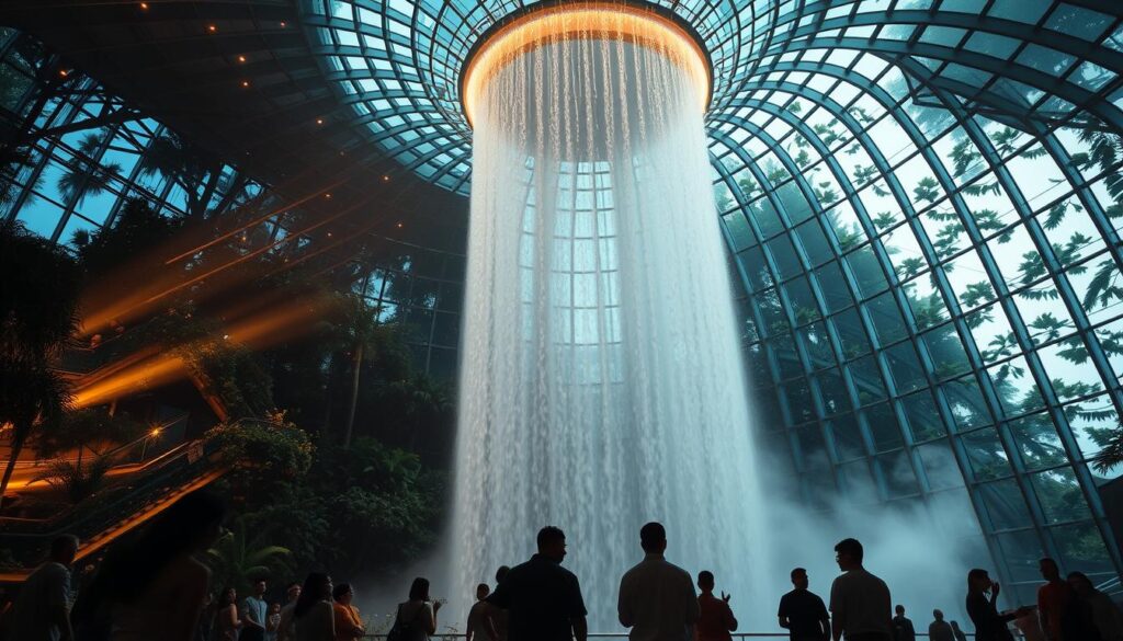 A majestic rain vortex cascading through the glass atrium of Jewel Changi Airport, Singapore. Dramatic lighting casts warm hues across the lush greenery and flowing water, creating a serene and awe-inspiring atmosphere. The camera captures the scene from a low angle, emphasizing the towering scale and architectural grandeur of the structure. Wispy mist swirls around the cascading water, adding an ethereal quality. In the foreground, visitors marvel at the stunning natural feature, their silhouettes framed by the expansive glass walls that offer panoramic views of the surrounding gardens. This captivating scene showcases the Jewel Changi Airport as a must-visit destination, blending cutting-edge design with the tranquility of nature.