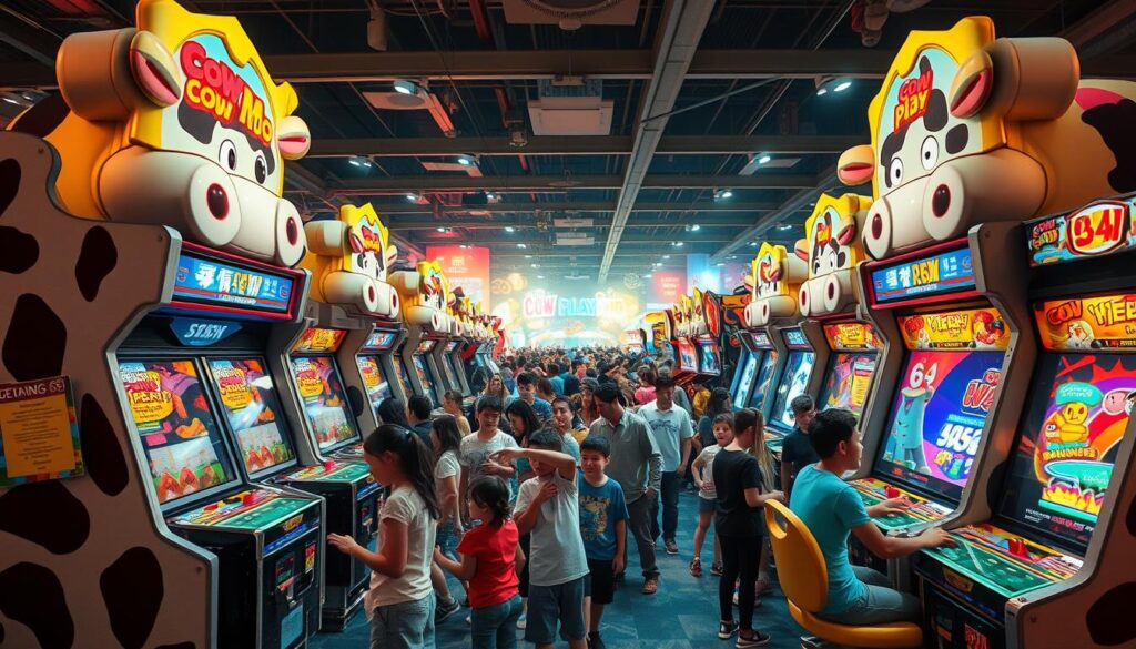 A massive, brightly-lit arcade filled with towering, oversized "Cow Play Cow Moo" arcade machines. The machines dominate the foreground, their vibrant cartoon cow characters and glossy cabinets creating a playful, whimsical atmosphere. In the middle ground, a group of children and adults eagerly interact with the machines, their expressions of excitement and concentration captured by a wide-angle lens. The background is hazy, with the faint outlines of other arcade games and a bustling crowd of gamers, creating a sense of energy and excitement. The lighting is warm and inviting, casting a golden glow over the entire scene and emphasizing the retro, nostalgic feel of the arcade. A massive, brightly-lit arcade filled with towering, oversized "Cow Play Cow Moo" arcade machines. The machines dominate the foreground, their vibrant cartoon cow characters and glossy cabinets creating a playful, whimsical atmosphere. In the middle ground, a group of children and adults eagerly interact with the machines, their expressions of excitement and concentration captured by a wide-angle lens. The background is hazy, with the faint outlines of other arcade games and a bustling crowd of gamers, creating a sense of energy and excitement. The lighting is warm and inviting, casting a golden glow over the entire scene and emphasizing the retro, nostalgic feel of the arcade.