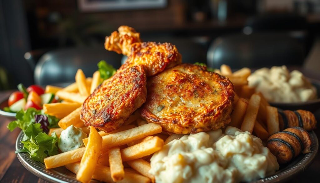 A massive, overflowing plate of western-style cuisine takes center stage, with a crisp, golden-brown chicken chop as the focal point. Surrounding the chop are generous portions of thick-cut fries, a vibrant side salad, and a hearty helping of creamy mashed potatoes. The lighting casts a warm, inviting glow, highlighting the dish's textures and creating a tantalizing atmosphere. The camera angle is slightly elevated, emphasizing the sheer size and abundance of this XXL-sized meal, capturing the essence of a true indulgent dining experience. The overall composition exudes a sense of comfort and satisfaction, perfectly reflecting the section title "XXL Portions: When Size Matters".