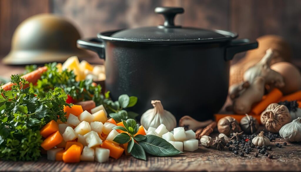 A meticulously arranged composition of the essential ingredients for a hearty army stew. In the foreground, a selection of diced vegetables - carrots, potatoes, onions, and mushrooms - nestled on a rustic wooden surface, their vibrant colors and textures contrasting against the natural grain. In the middle ground, a large cast-iron pot takes center stage, its matte black finish hinting at the robust flavors to come. Surrounding the pot, an array of spices and herbs - ginger, garlic, bay leaves, and black pepper - are scattered, their aromas mingling in the soft, warm light that bathes the scene. In the background, a faint silhouette of a soldier's helmet suggests the origins of this comforting, nourishing dish.